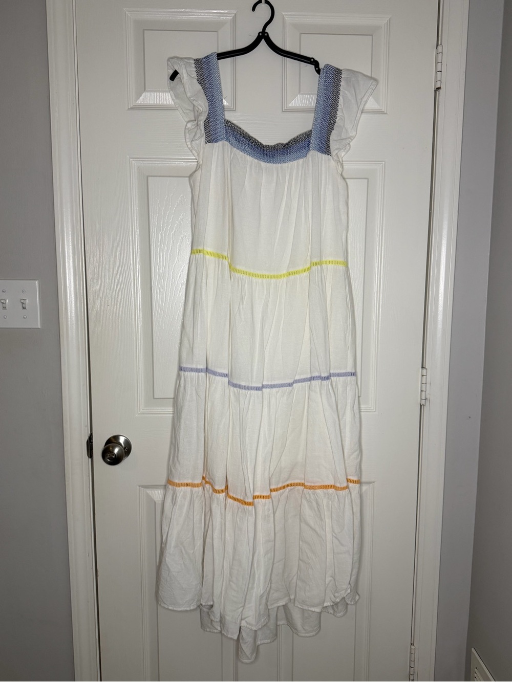Urban Breeze White Tiered Maxi Dress with Pastel Trim